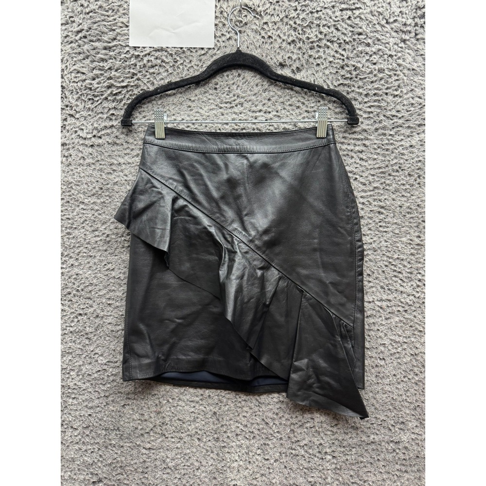 Patbo Asymmetric Ruffled Faux Leather Mini Skirt Black Womens Size 4 US